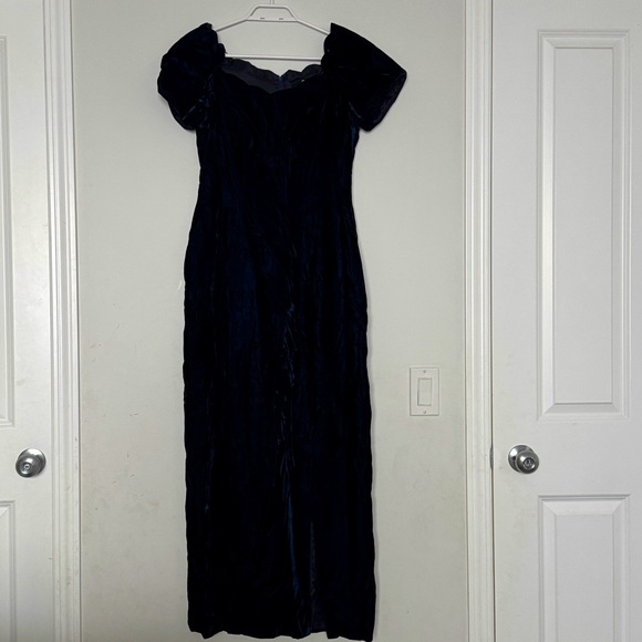 Williams Dark Blue Lined Velvet Maxi Dress with Slit Plunging Scallop Neckline S - Picture 1 of 17